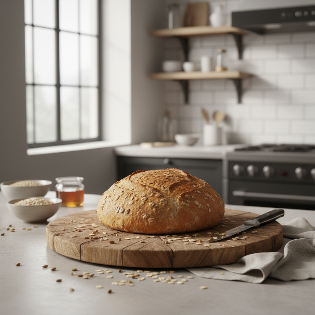 Naminė avižinė duona iš pilno grūdo miltų ant medinio lentelės